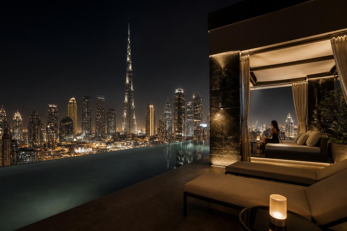 The Dubai skyline beyond a private rooftop pool at night