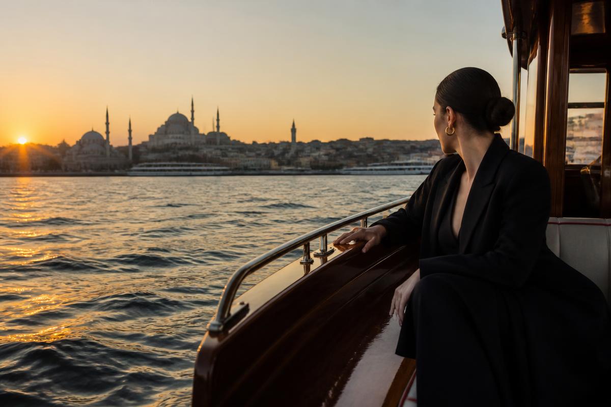 A private launch crossing the Bosphorus at sunset