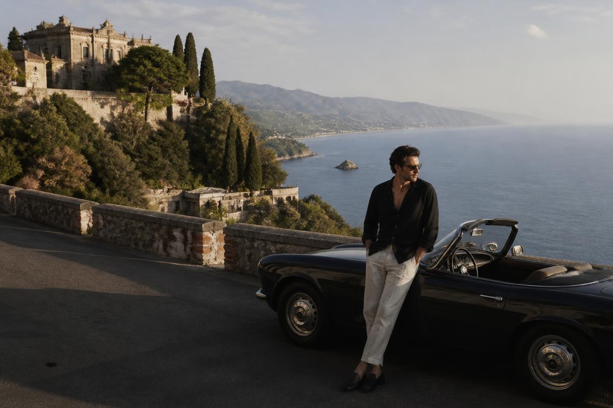 A vintage convertible overlooking the Sicilian coast